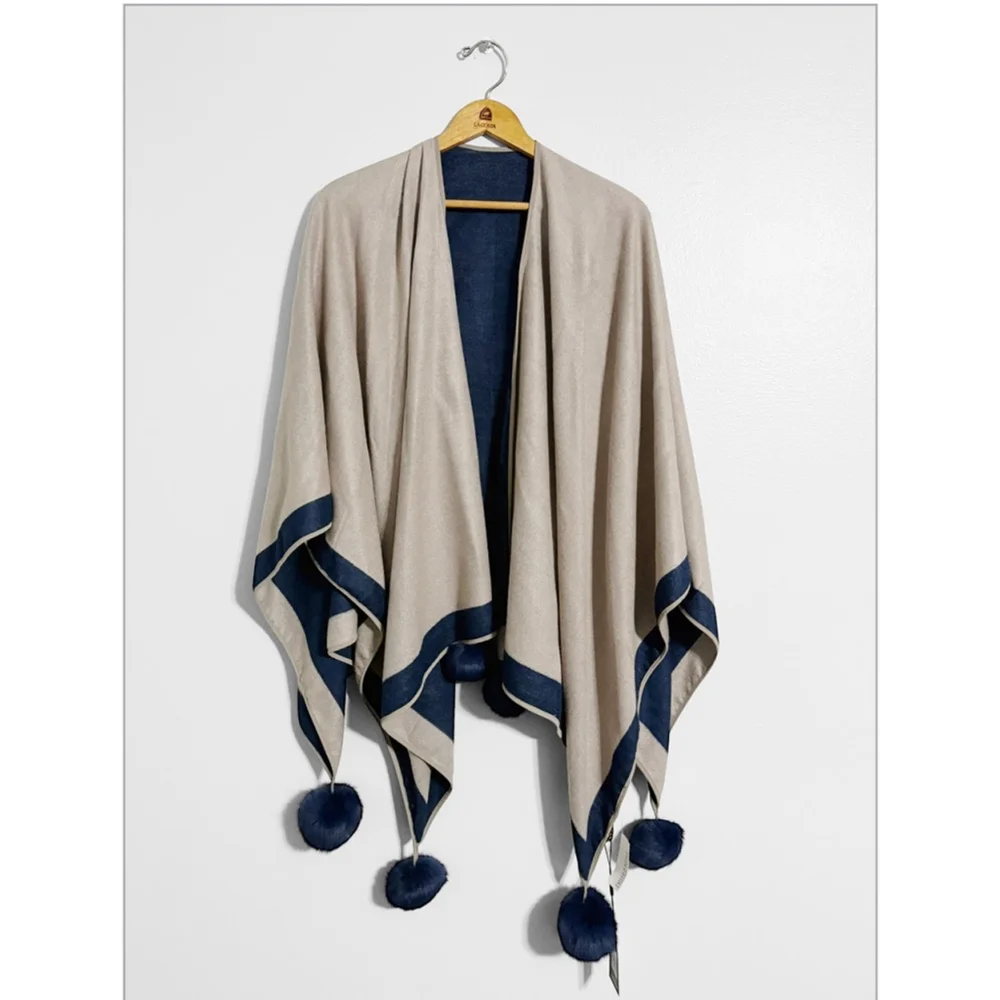 Jayley New!! Cashmere & Silk Reversible Pom Pom Wrap